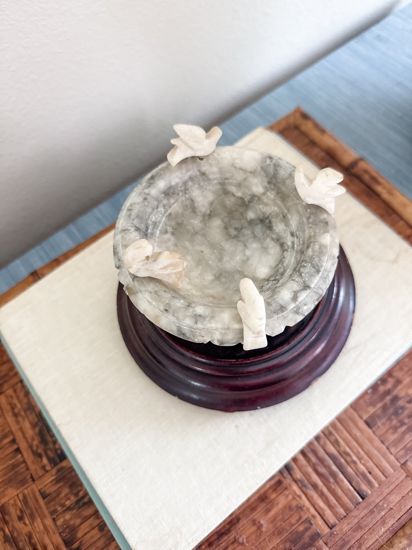 Vintage alabaster bird bath in cloche