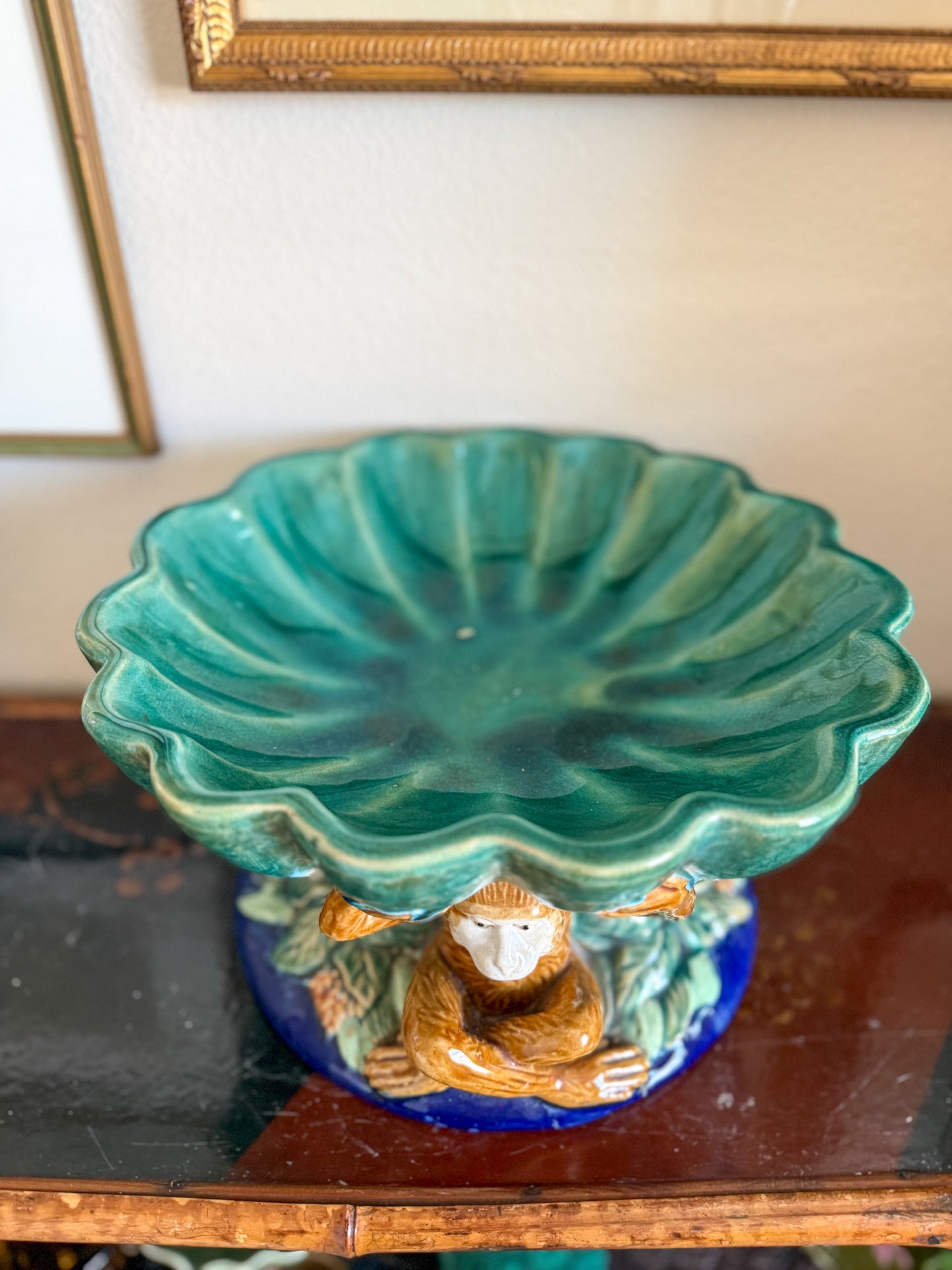 Vintage Majolica style monkey compote