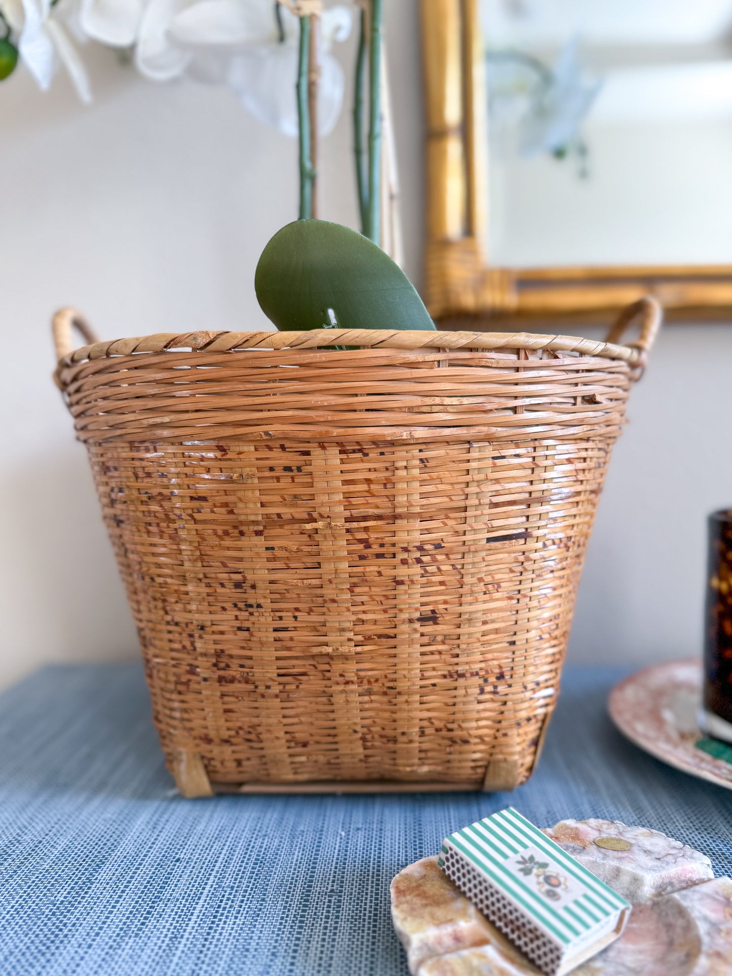 Vintage tortoise rattan basket