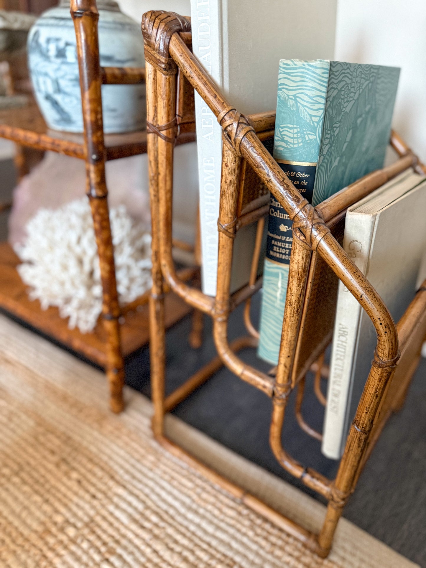 Vintage bamboo + rattan magazine/book rack