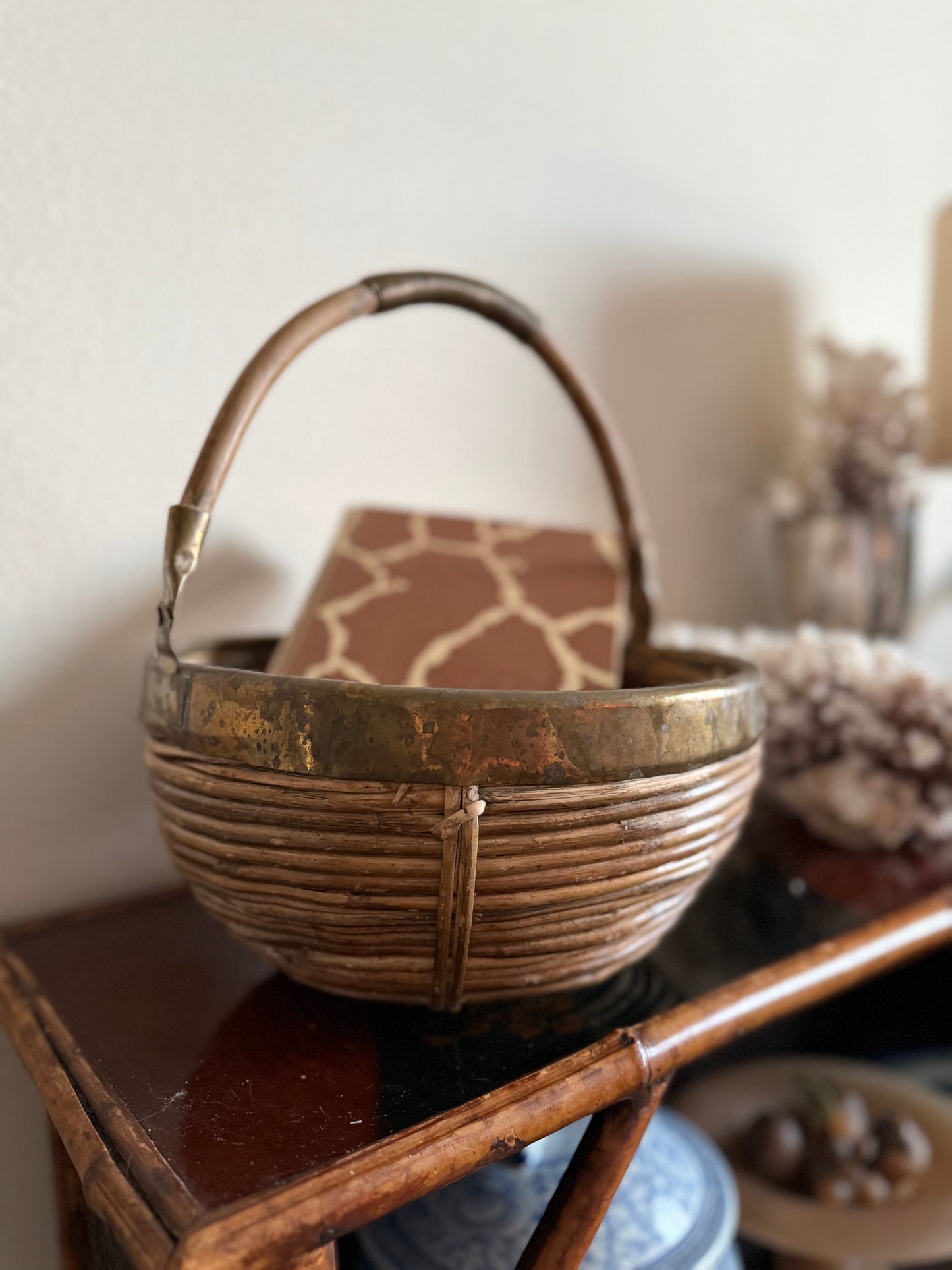 Vintage pencil reed basket bowl