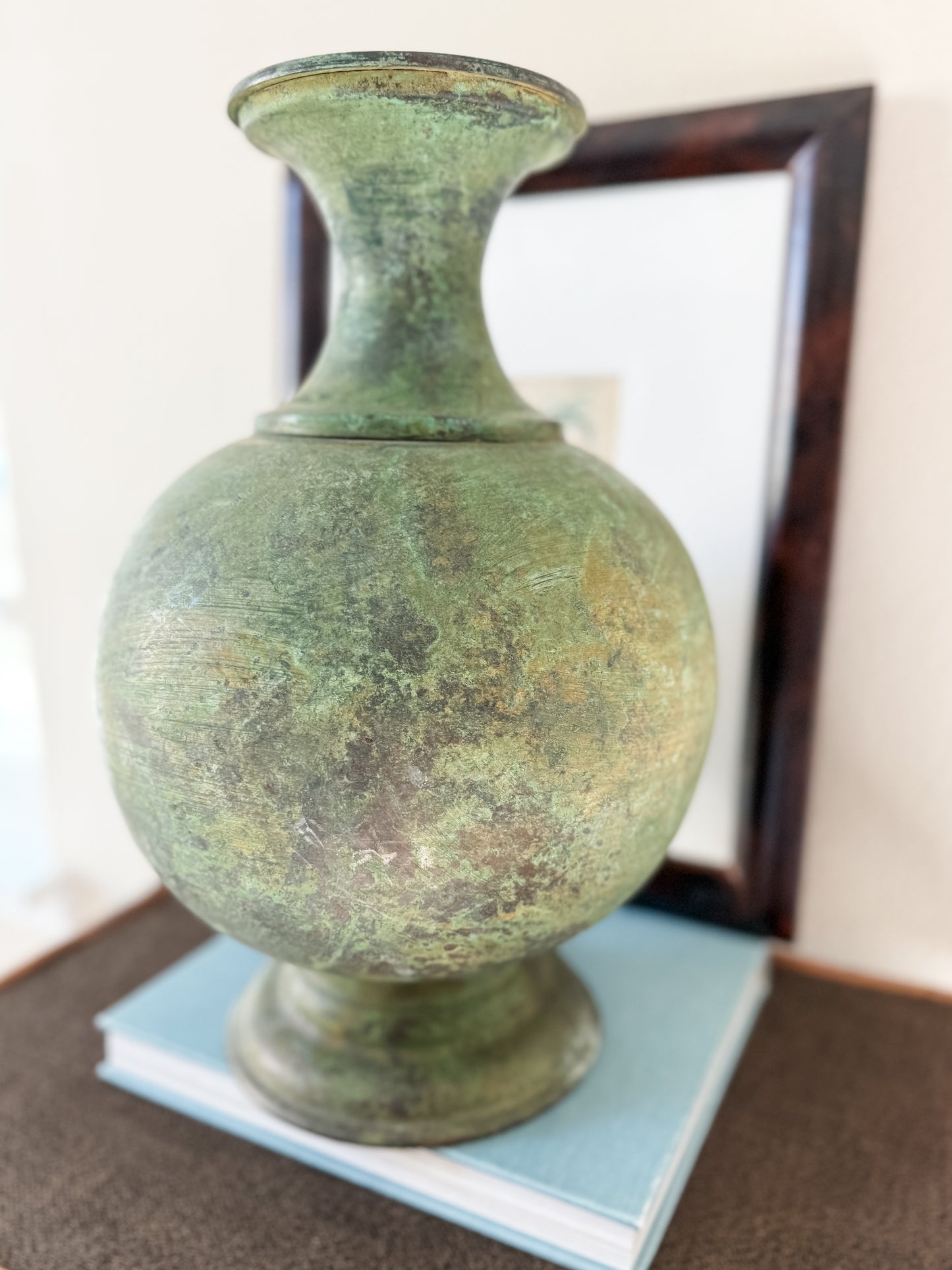 Large vintage verdigris brass vase