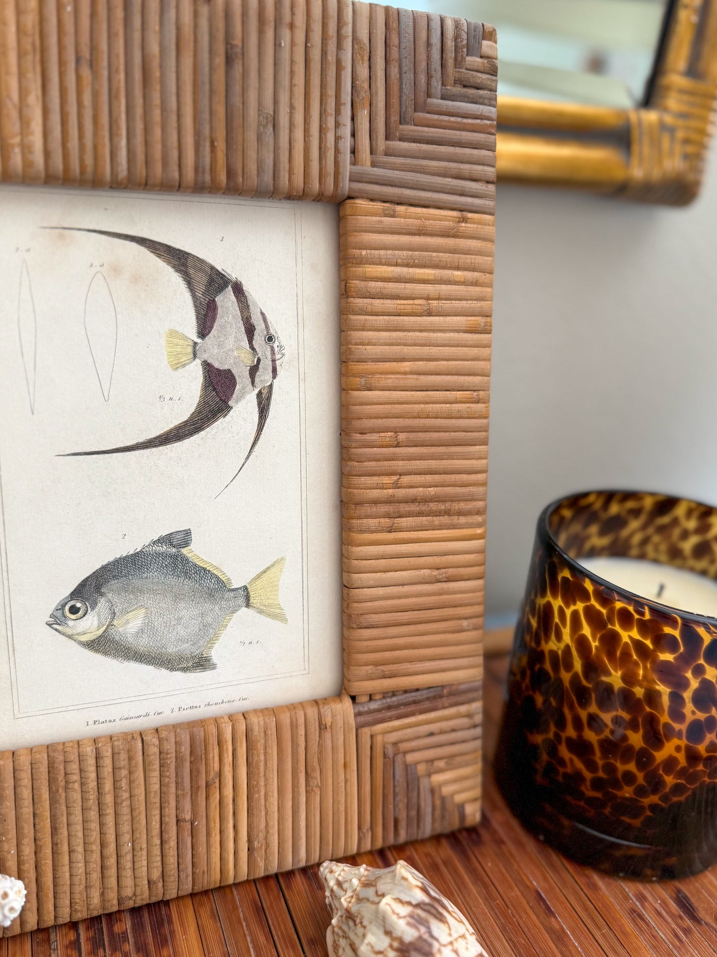 Vintage bamboo frame with antique fish engraving