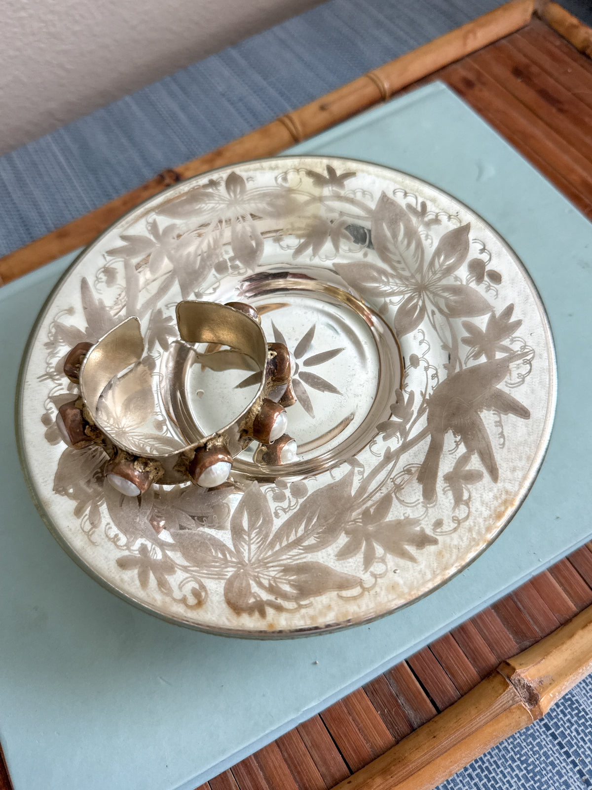 Antique mercury glass pedestal dish