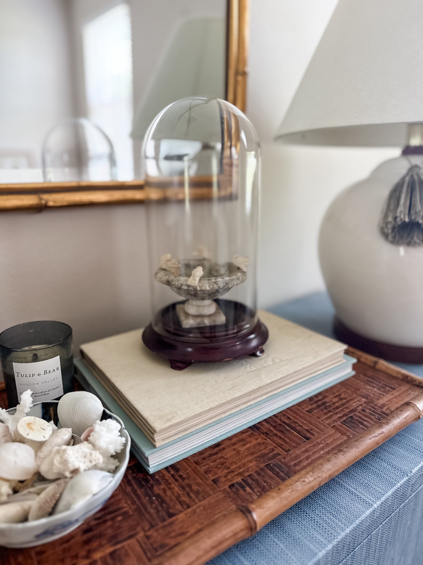 Vintage alabaster bird bath in cloche