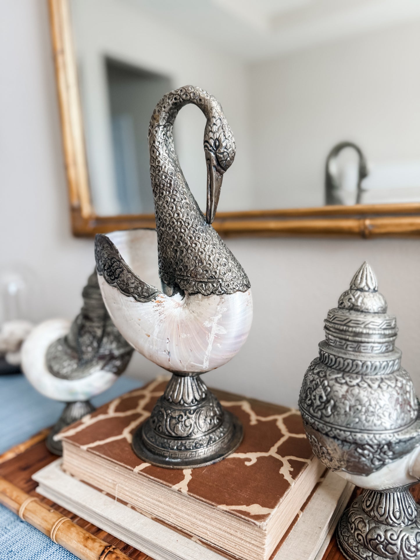 Antique Anglo Indian silver nautilus swan and shell set.