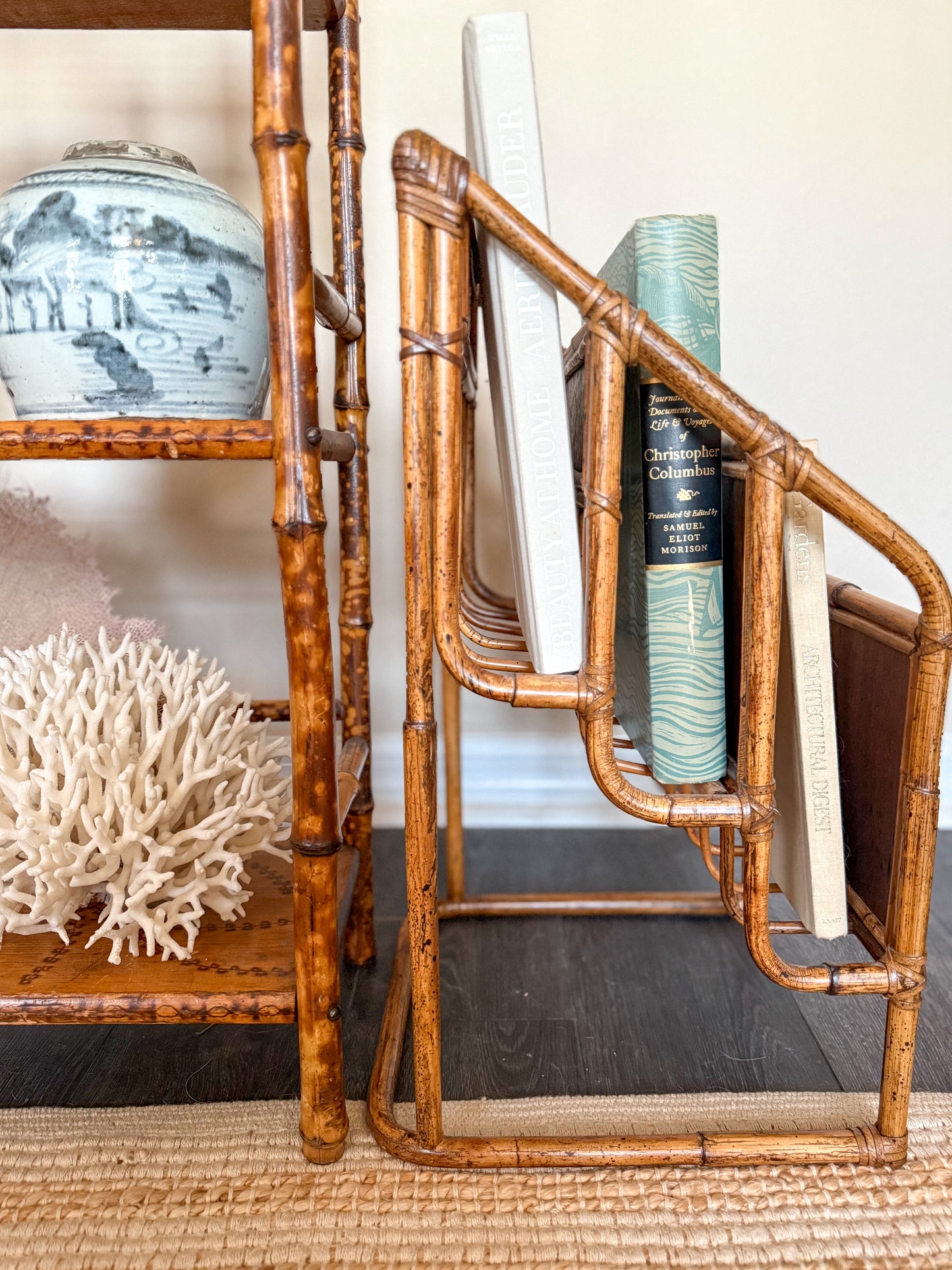 Vintage bamboo + rattan magazine/book rack