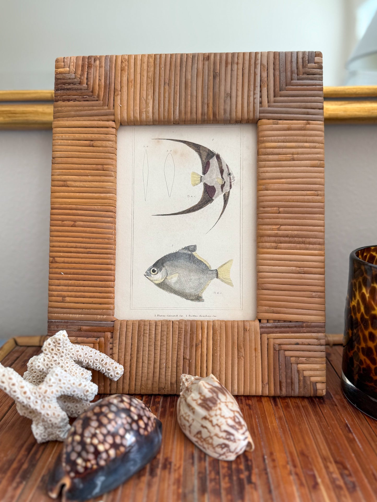 Vintage bamboo frame with antique fish engraving
