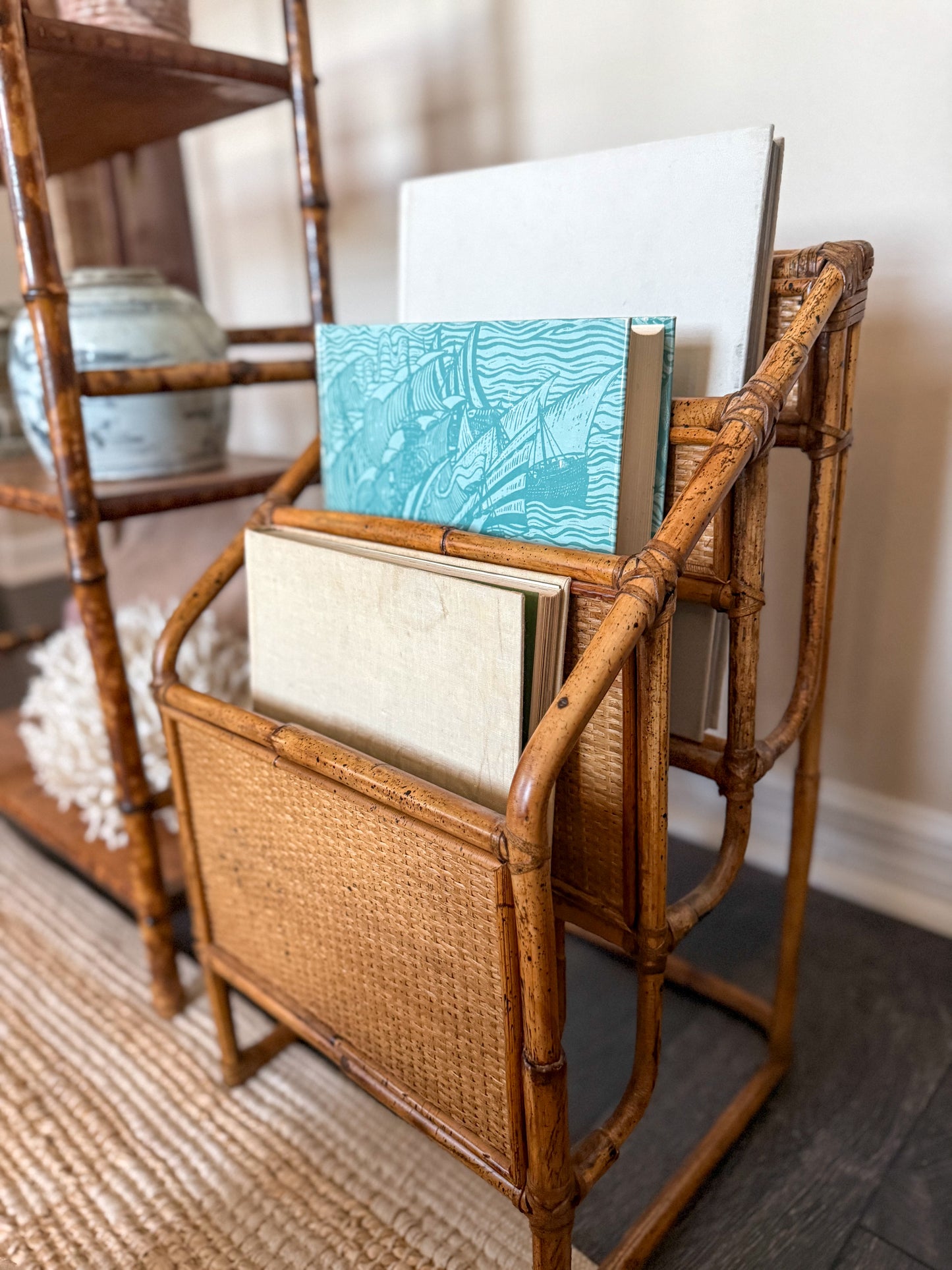 Vintage bamboo + rattan magazine/book rack