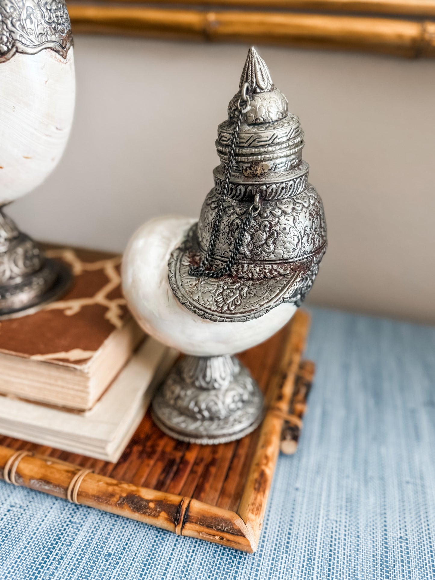 Antique Anglo Indian silver nautilus swan and shell set.