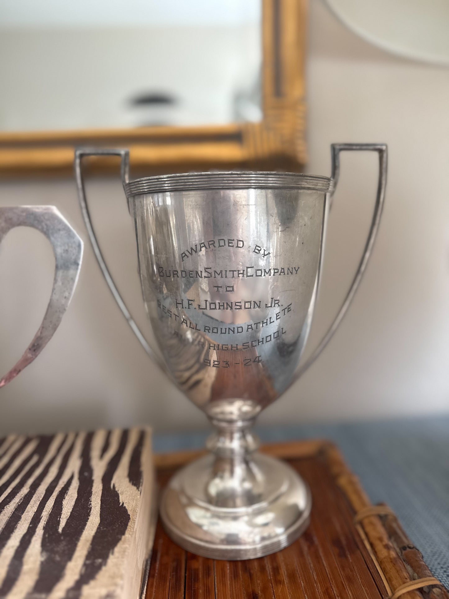 Antique trophy cup with brown stem coral