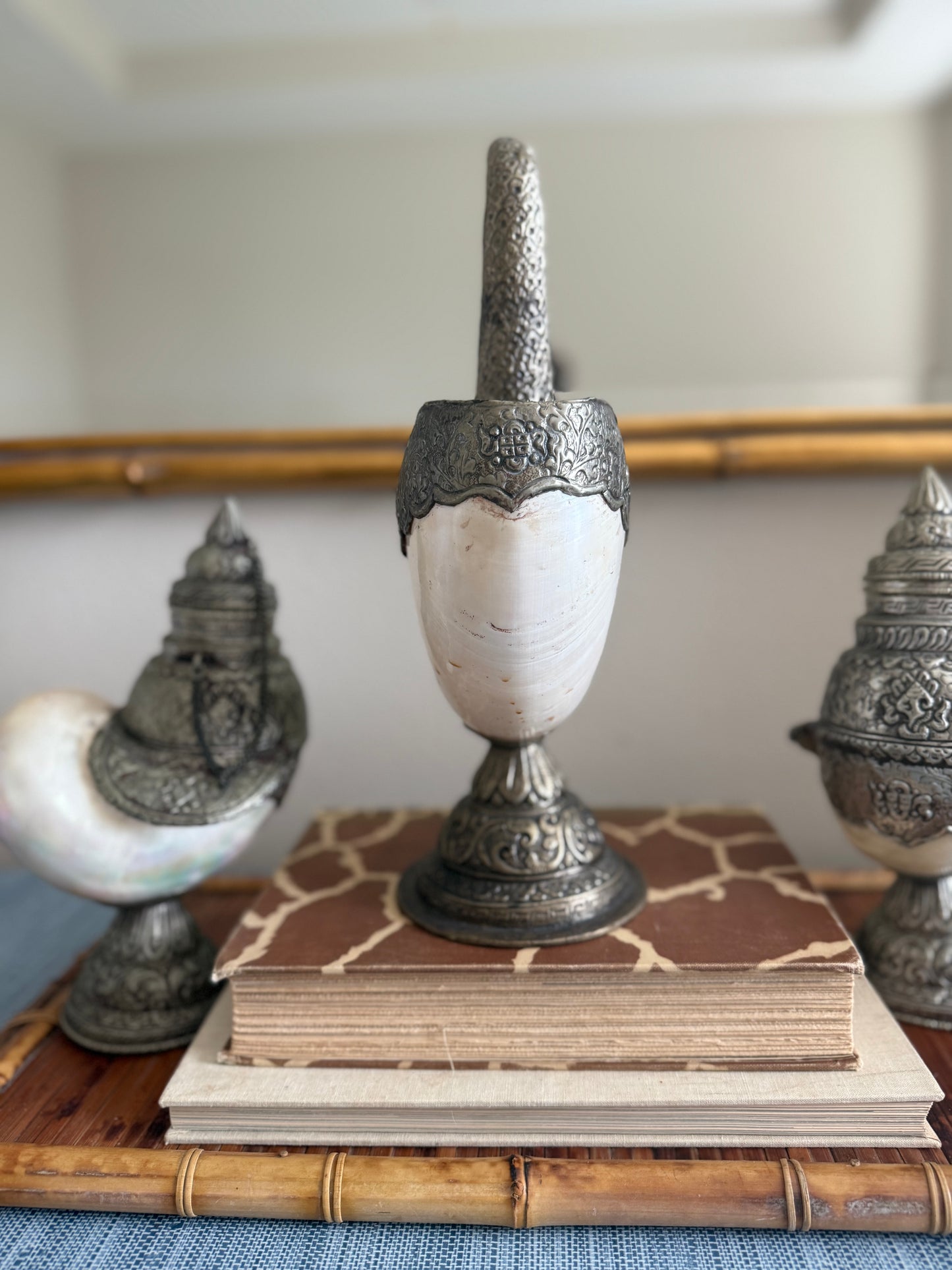 Antique Anglo Indian silver nautilus swan and shell set.