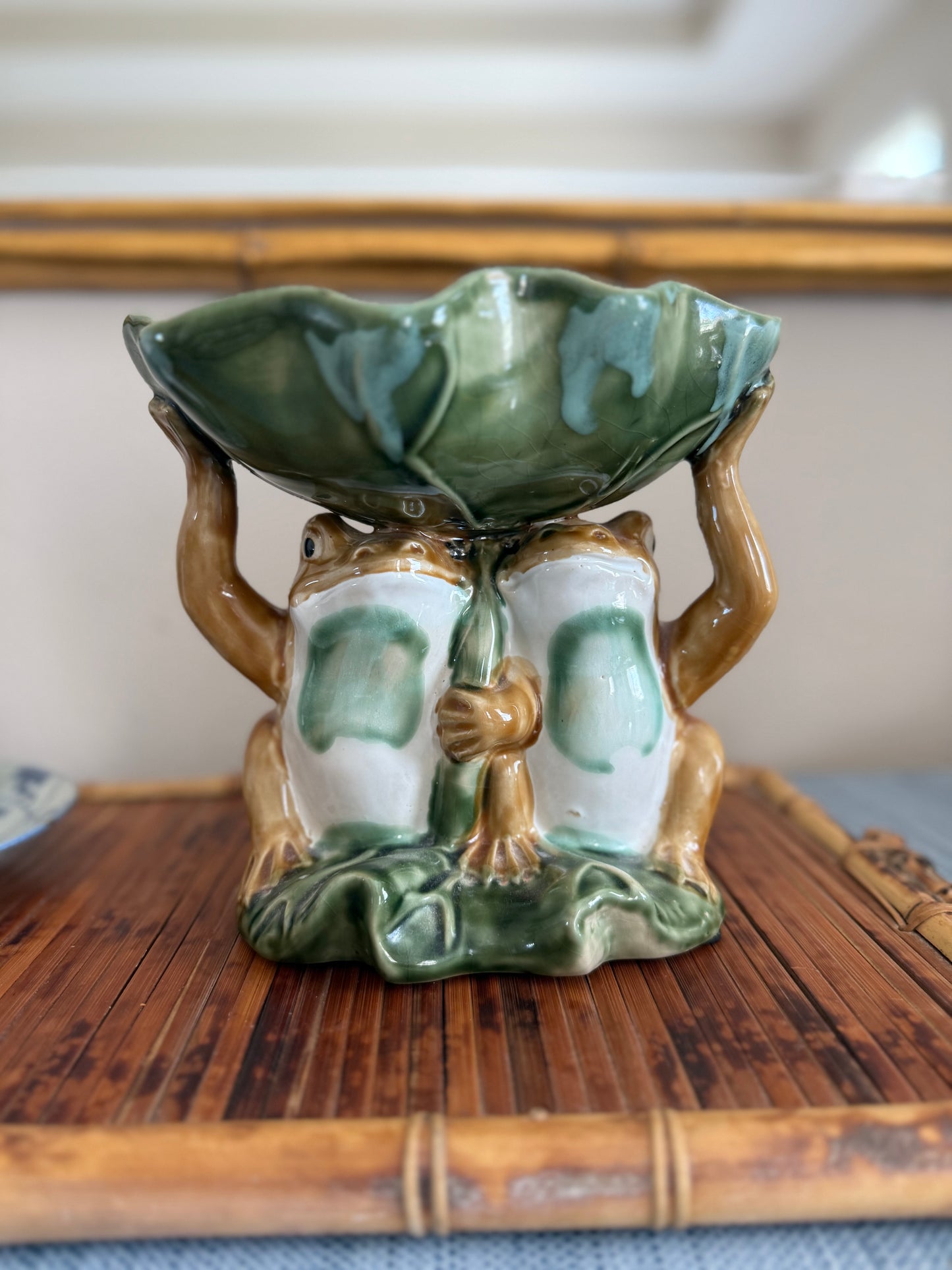 Vintage Majolica style frog compote