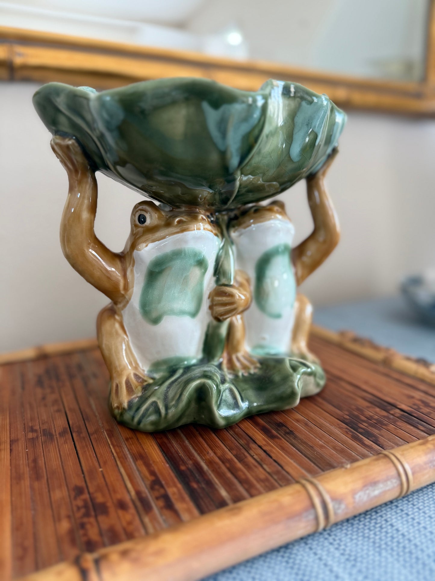 Vintage Majolica style frog compote