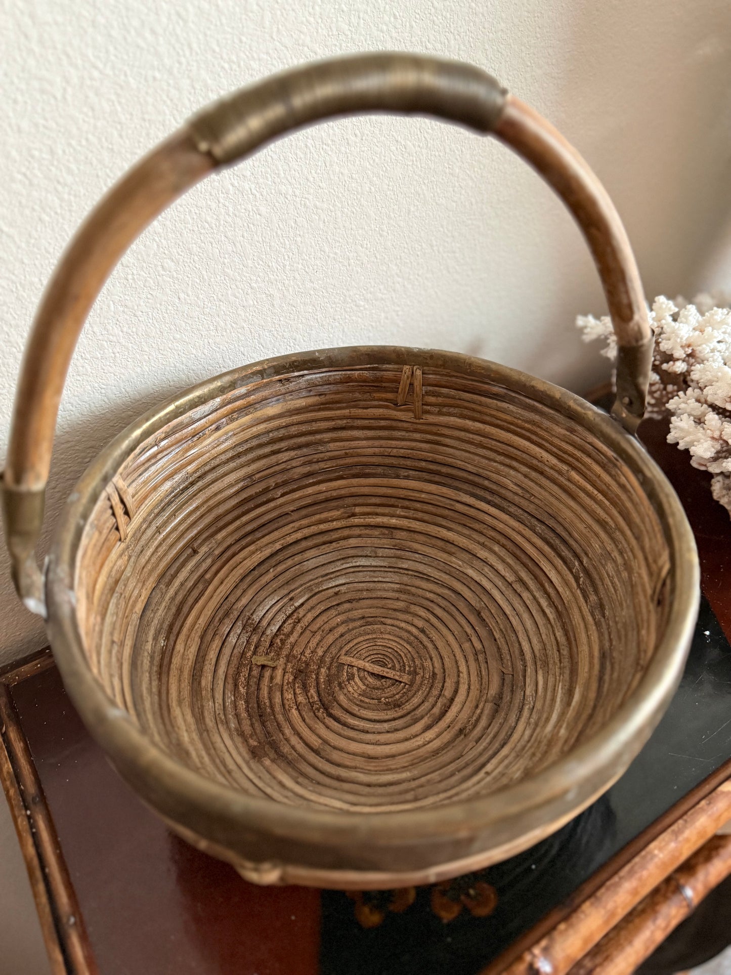 Vintage pencil reed basket bowl