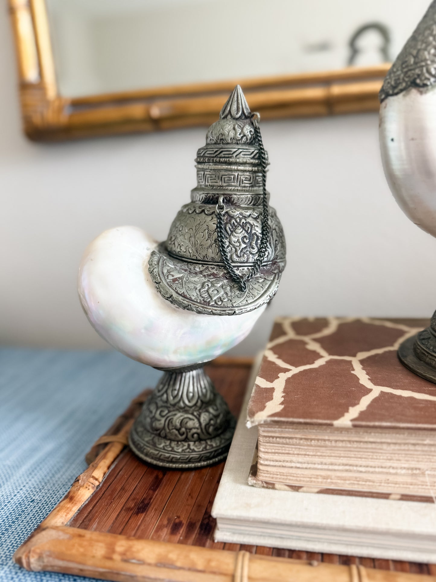 Antique Anglo Indian silver nautilus swan and shell set.