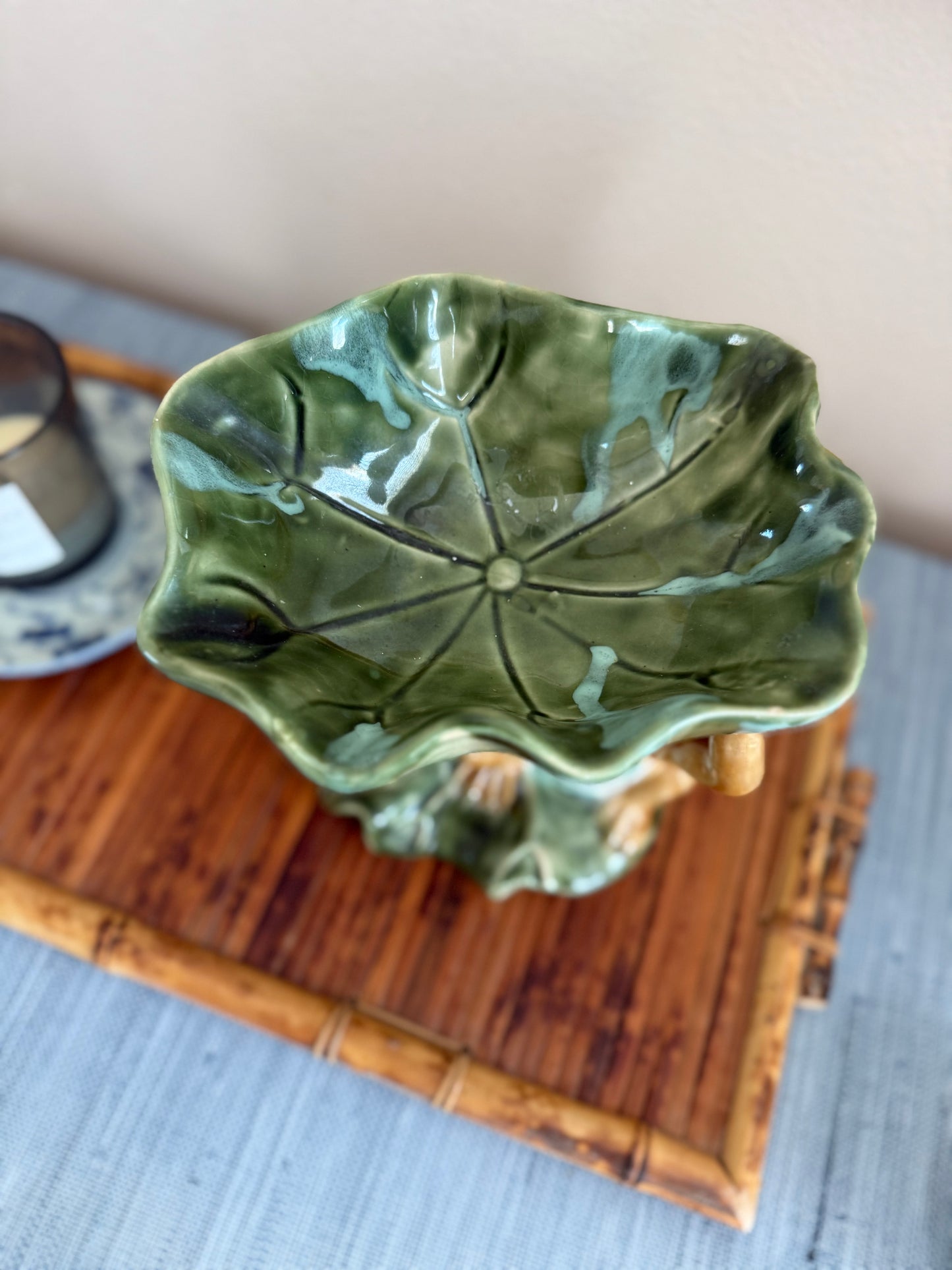 Vintage Majolica style frog compote