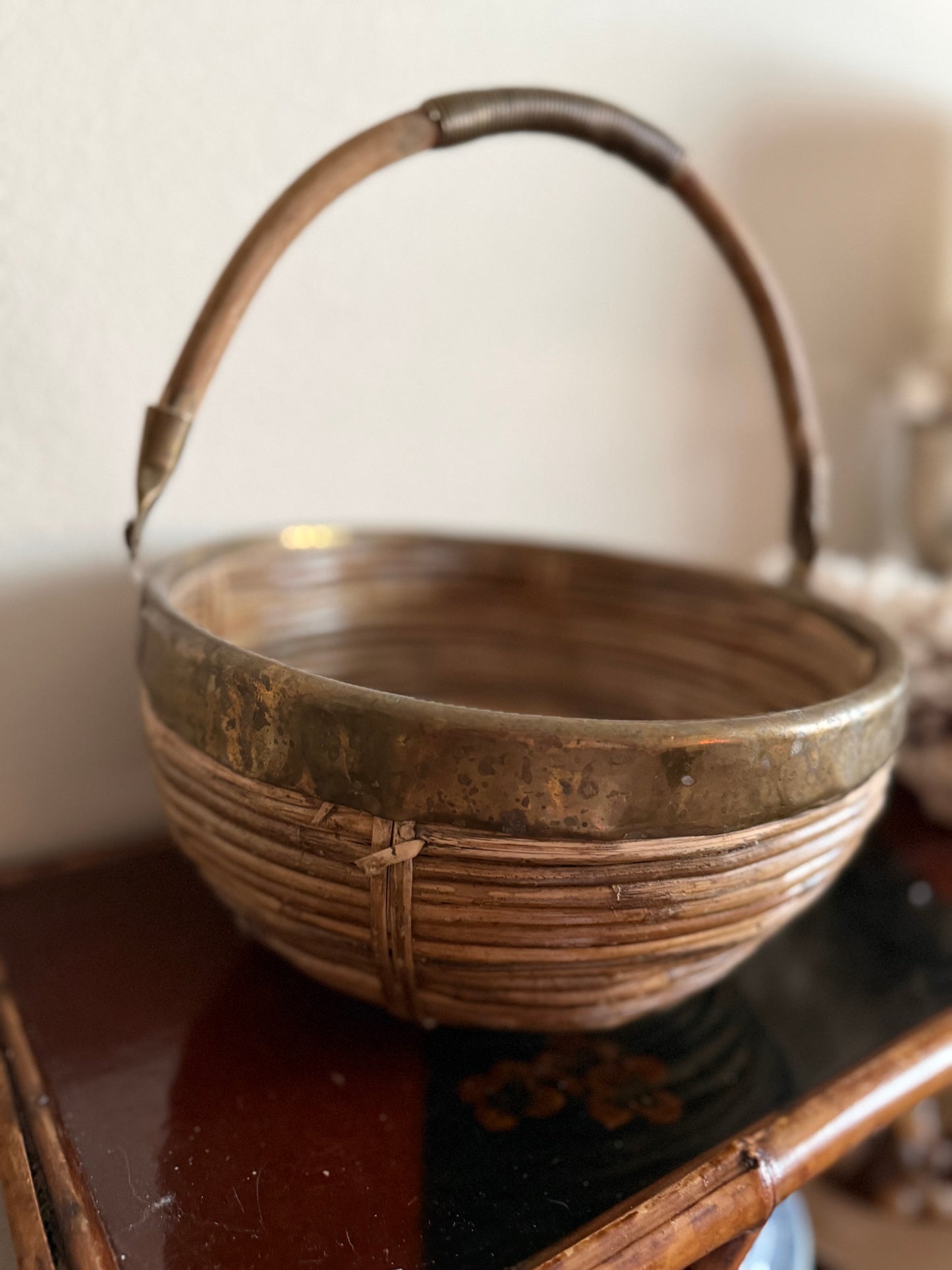 Vintage pencil reed basket bowl