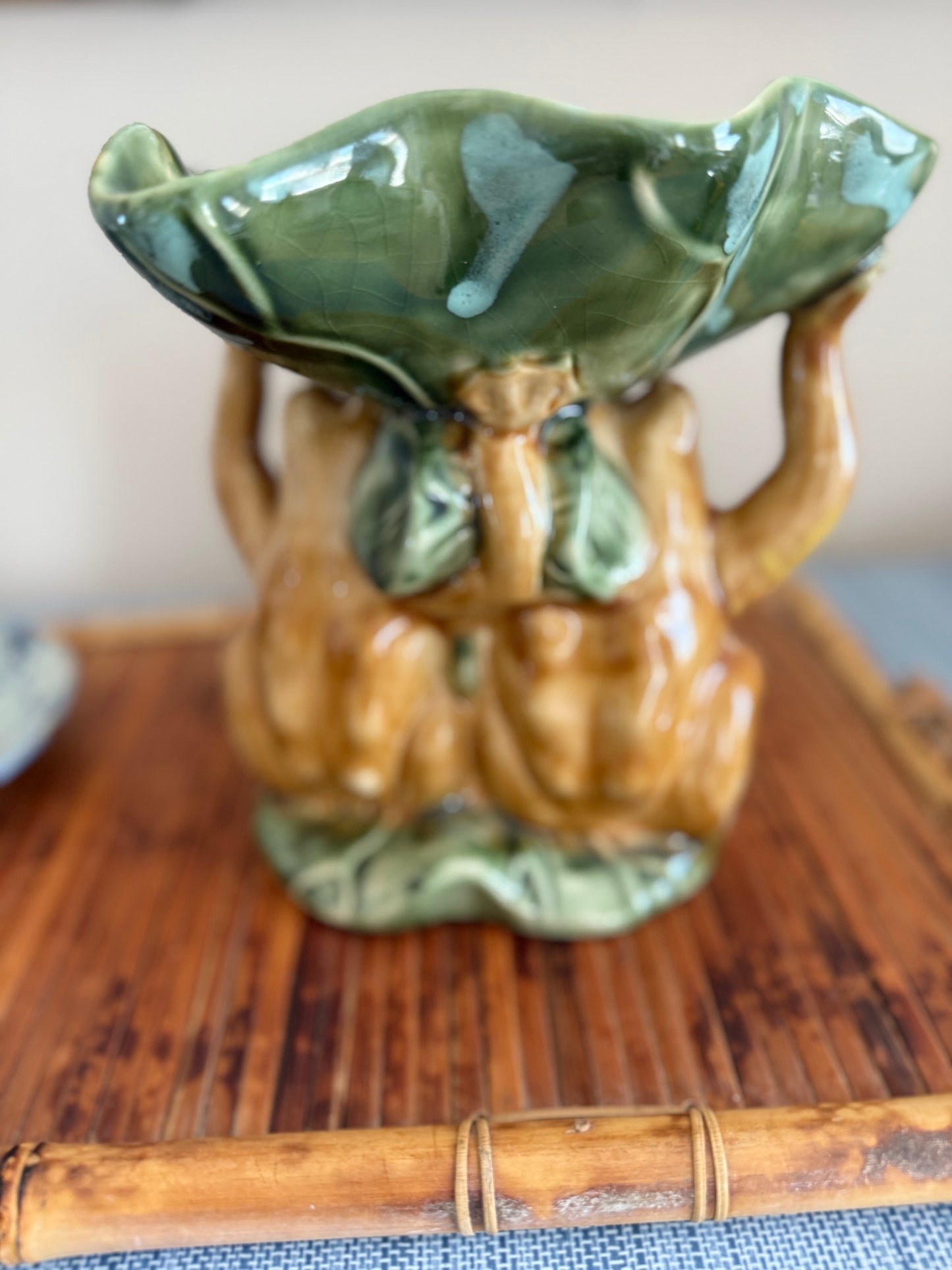 Vintage Majolica style frog compote