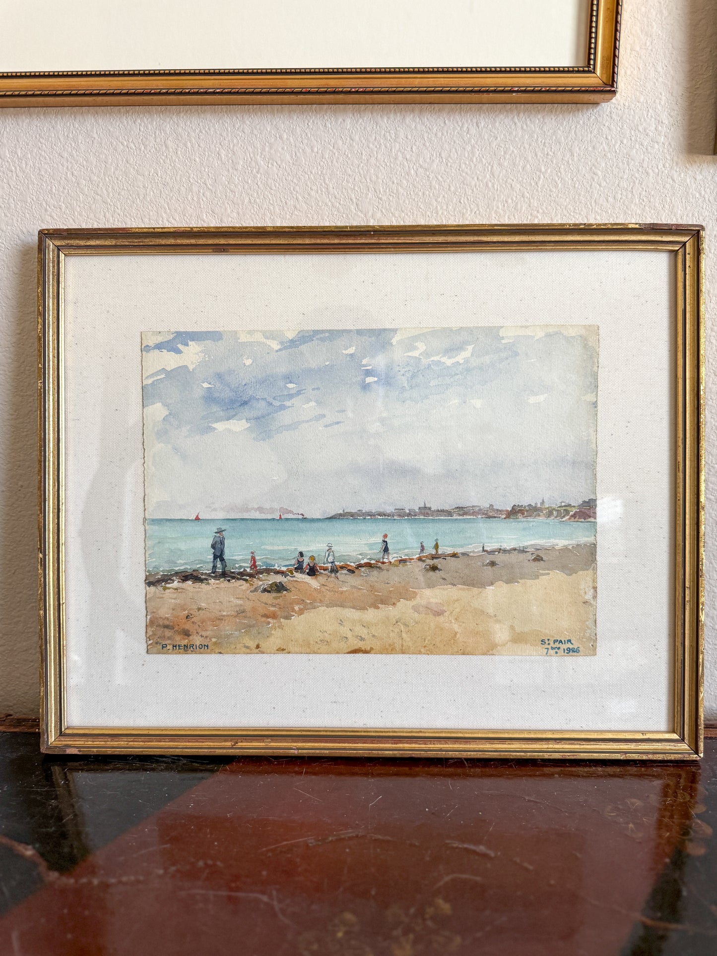 antique french coastal watercolor painting
