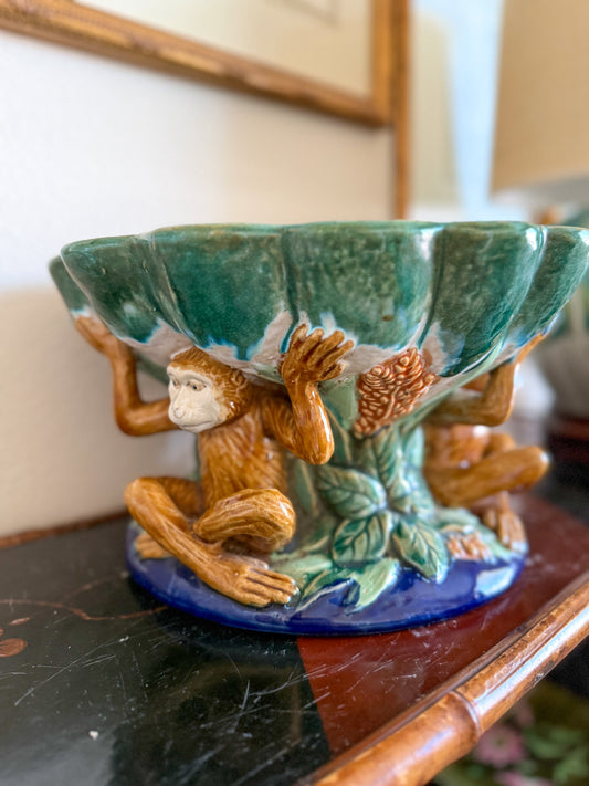 Vintage Majolica style monkey compote