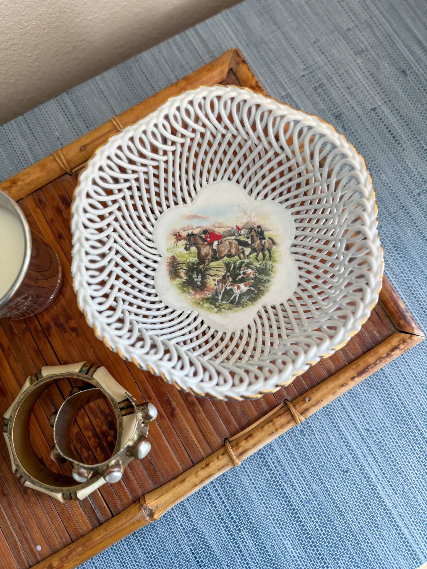 Vintage hunt scene porcelain bowl