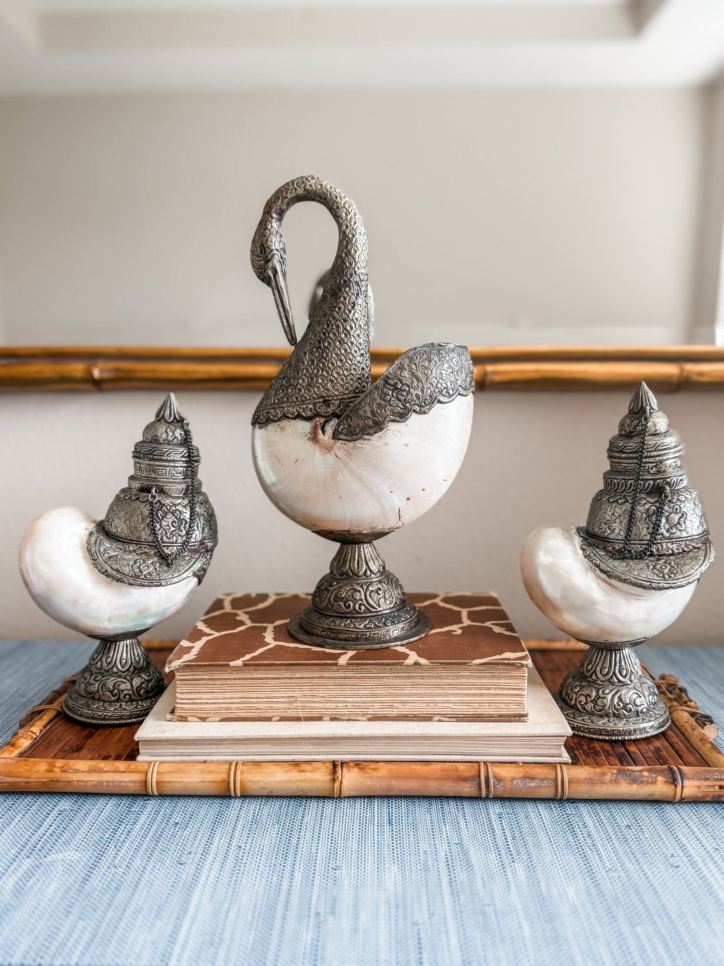 Antique Anglo Indian silver nautilus swan and shell set.