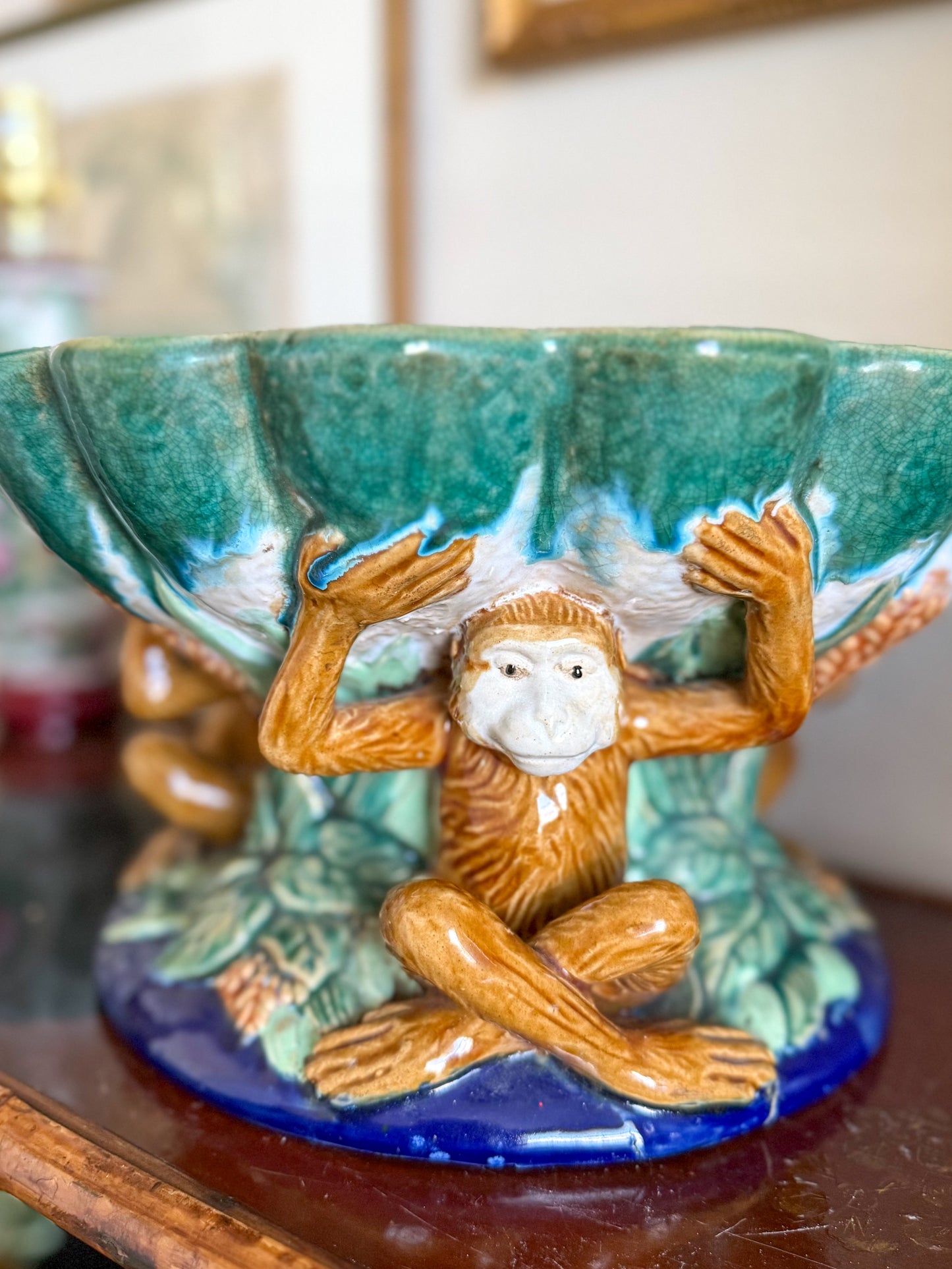 Vintage Majolica style monkey compote