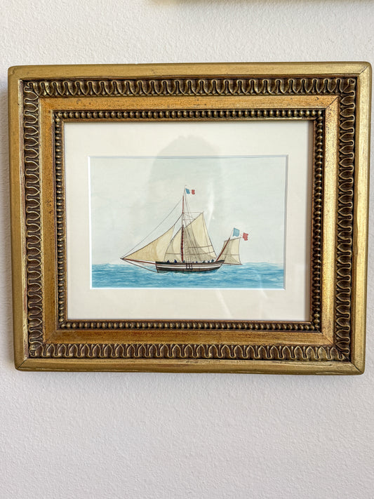 Vintage French ship watercolor painting