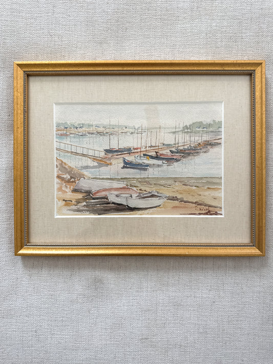 Vintage French coastal watercolor painting